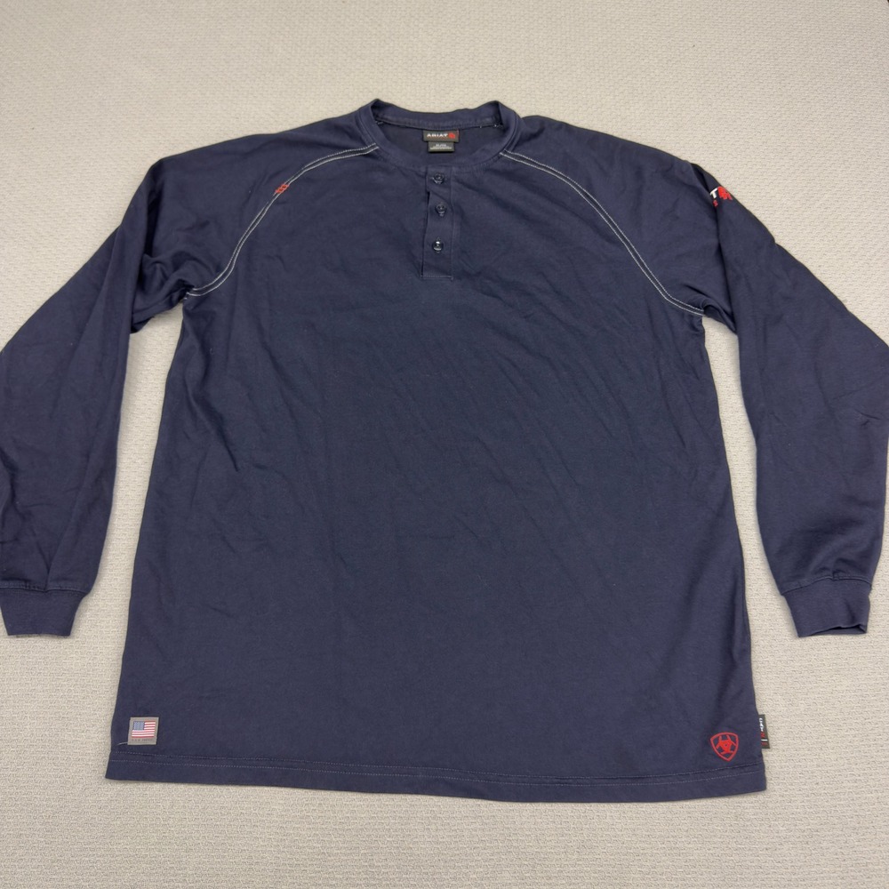 Ariat FR Shirt Mens XL Navy Blue Long Sleeve Henley Flame Resistant Work CAT 2